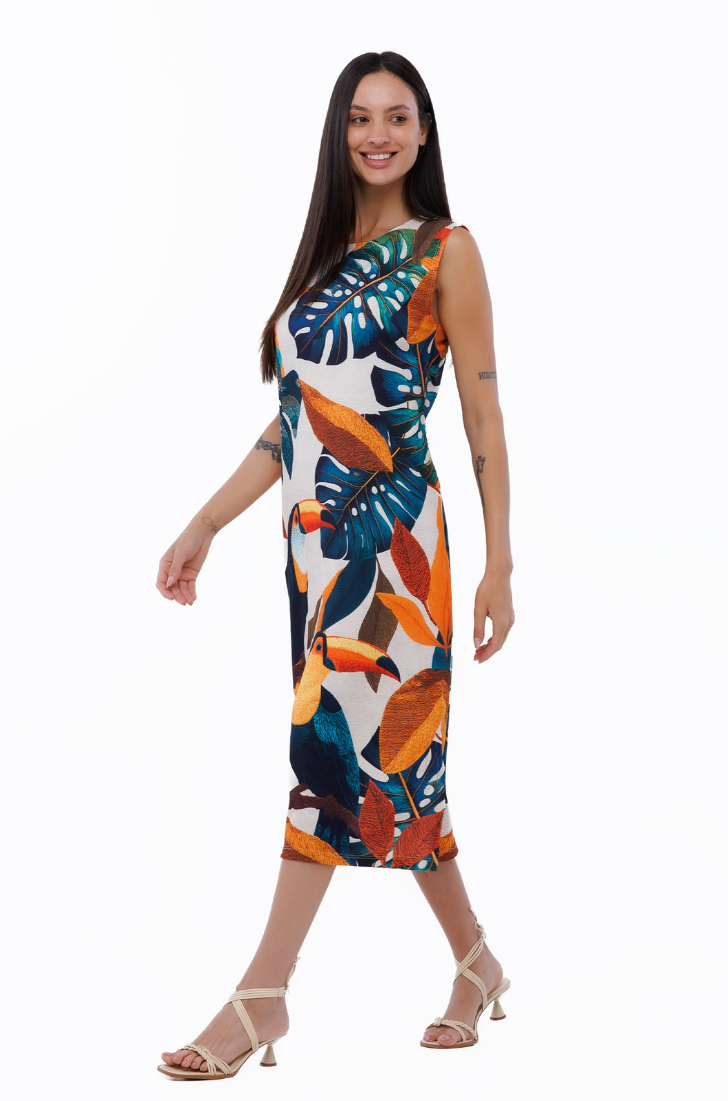 Vestido Feminino Clássico Midi Estampado Tucanos Tela Bordada