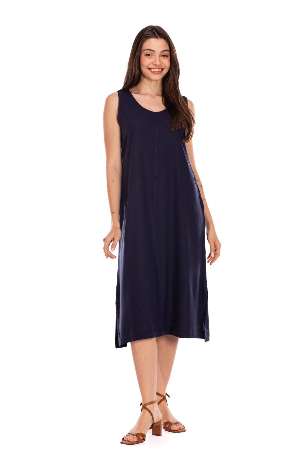 Vestido Feminino Linho Clássico com Bolso Marinho Vestido Feminino Linho Clássico com Bolso Marinho