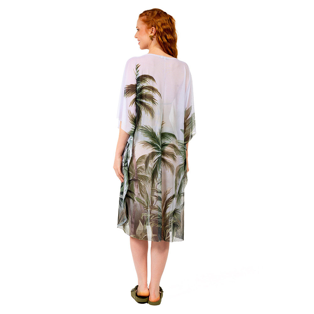 Saída de Praia Kaftan Tule Maré Estampada Palmeiras Fundo Degradê Saída de Praia Kaftan Tule Maré Estampada Palmeiras Fundo Degradê