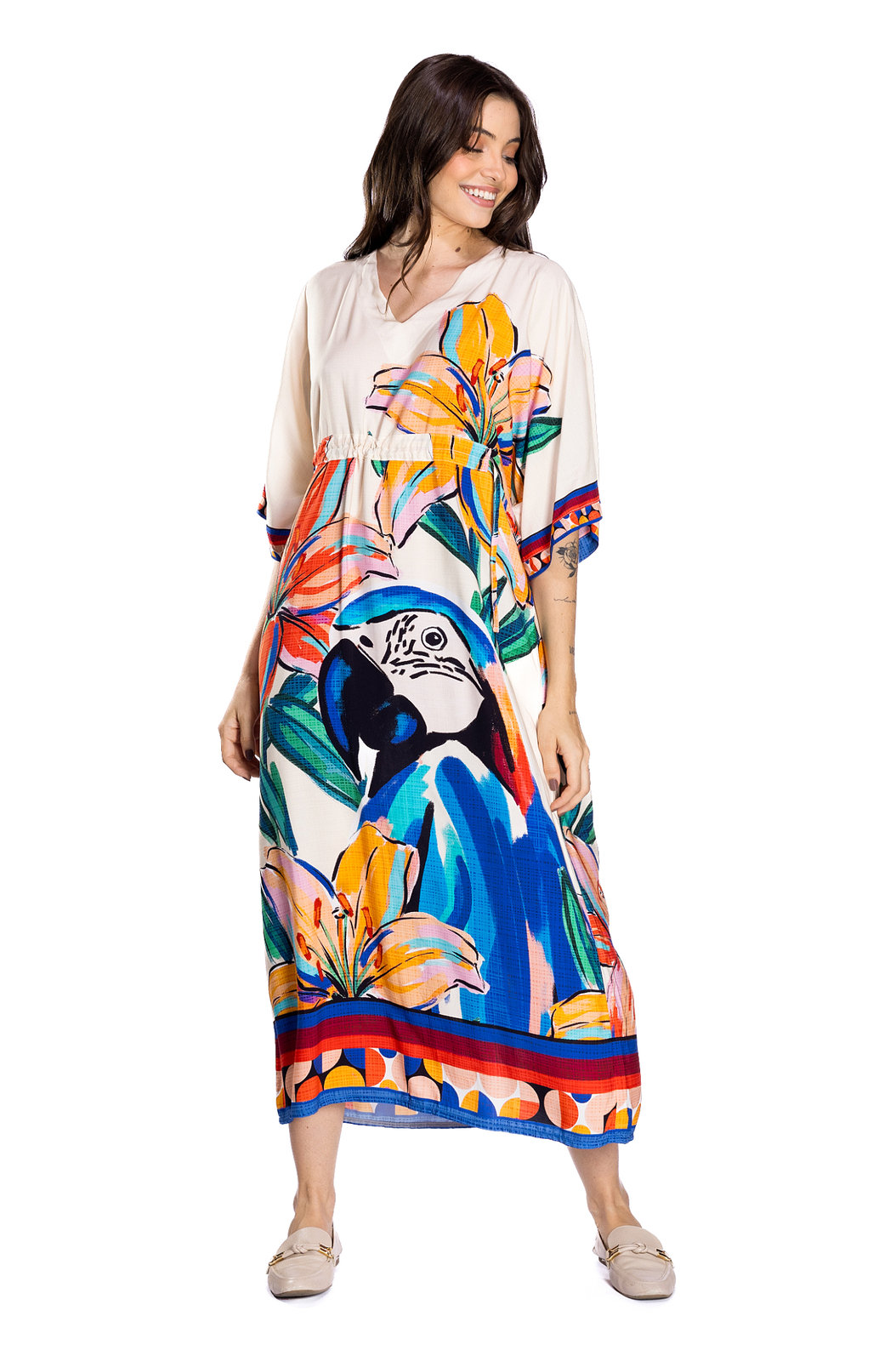 Vestido Feminino Viscose Outono Estampado Canindé Bananas e Lírio Vestido Feminino Viscose Outono Estampado Canindé Bananas e Lírio