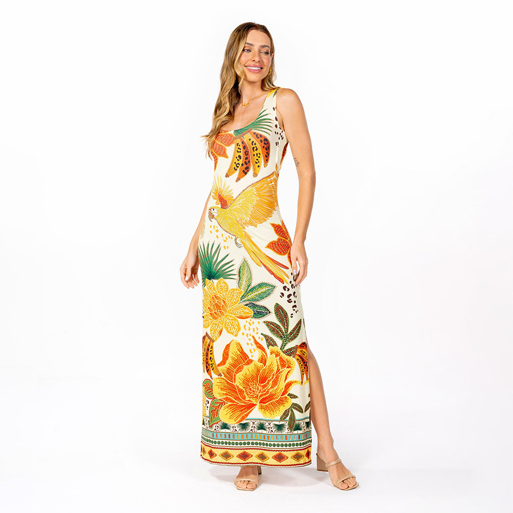 Vestido Feminino Hortência Estampado Arara Banana Bord Barrado