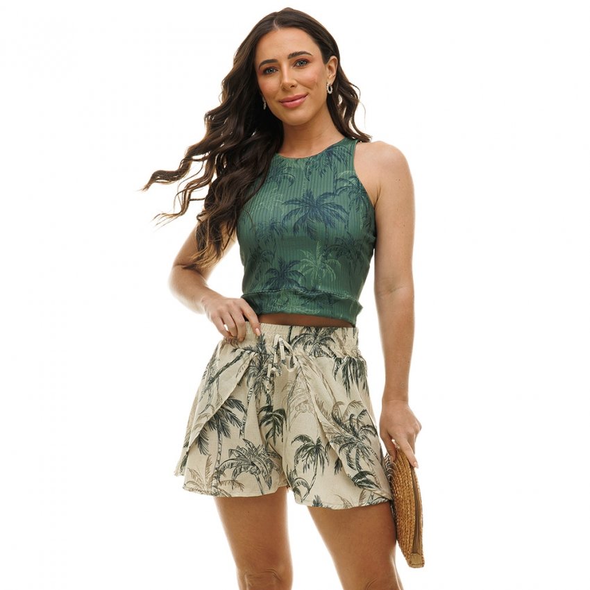 Top Feminino Canelado Estampado Coq Tracos Fundo Verde Top Feminino Canelado Estampado Coq Tracos Fundo Verde