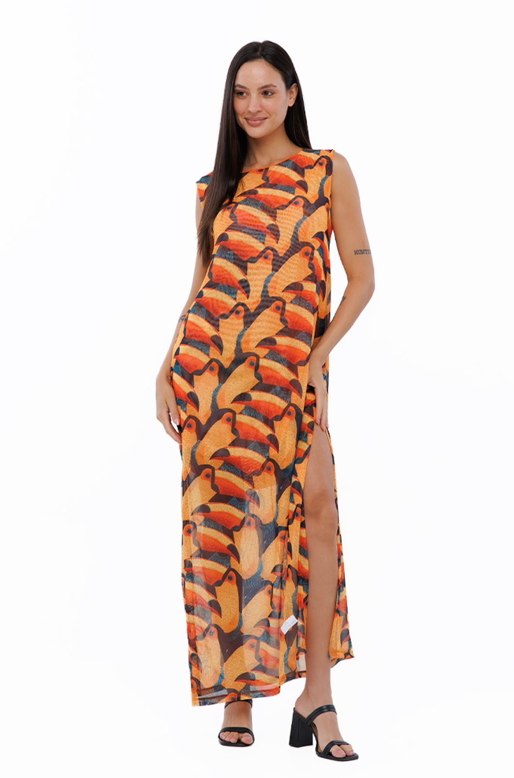 Vestido Feminino Tule Maré Estampado Tucanos Tela Bordada
