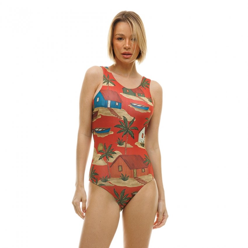 Body Feminino Regata Estampado Casas Barcos Fundo Vermelho Body Feminino Regata Estampado Casas Barcos Fundo Vermelho