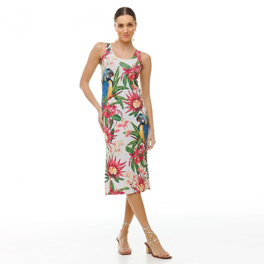 Vestido Feminino Canelado Estampado Canindes Flores Pink