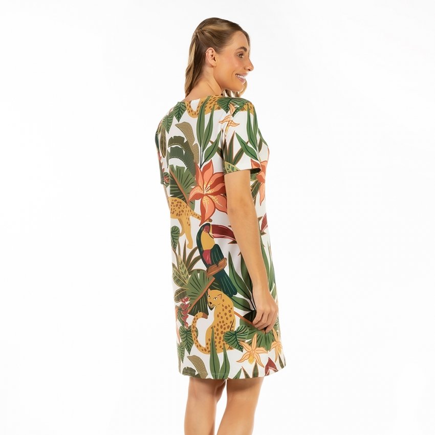 Vestido Feminino Floresta Estampado Onça Tucano Tropical Fundo Off