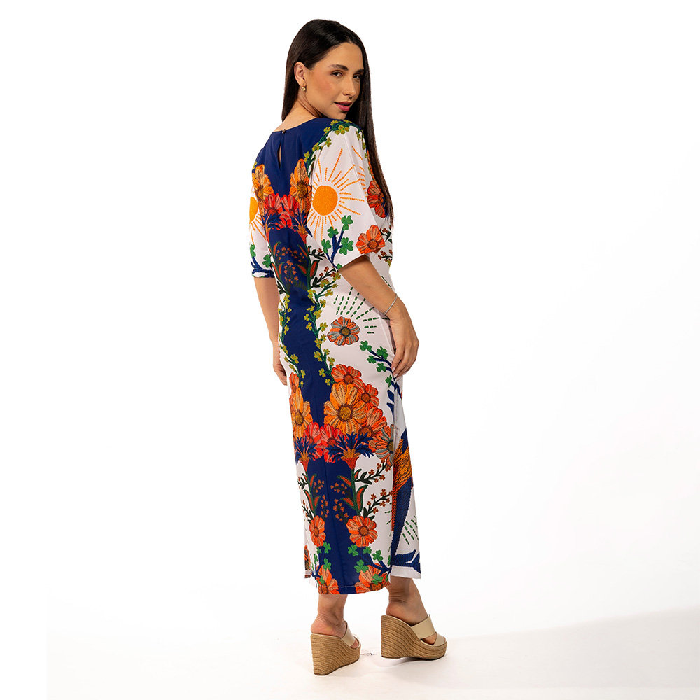 Vestido Feminino Kaftan Atena Estampado Arara Tropical Bordado Vestido Feminino Kaftan Atena Estampado Arara Tropical Bordado