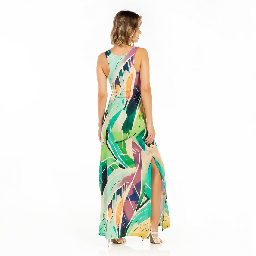Vestido Feminino Hortência Estampado Folhagens Fundo Off