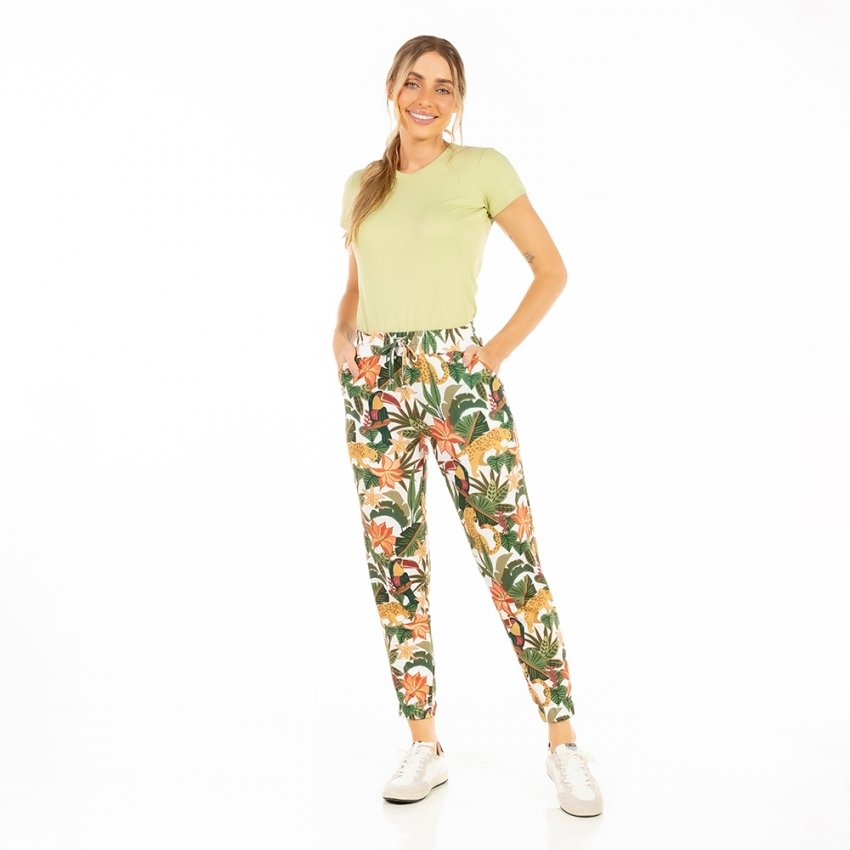 Calça Feminina Jogger Com Bolso Estampada Onça Tucano Tropical Fundo Off Calça Feminina Jogger Com Bolso Estampada Onça Tucano Tropical Fundo Off