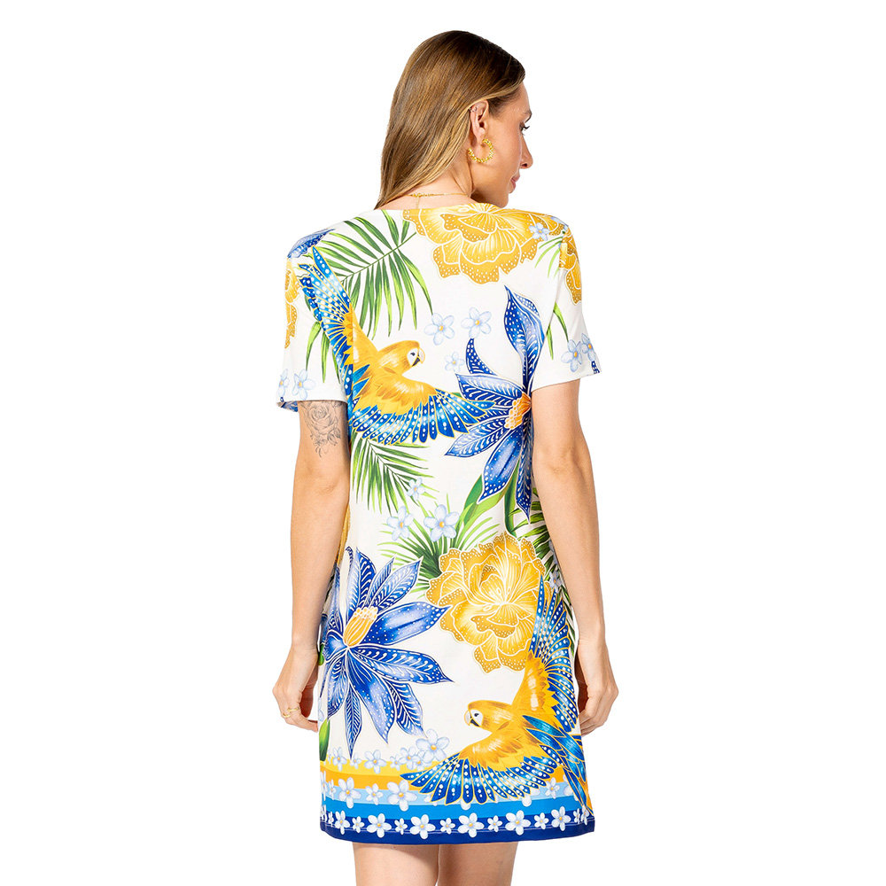 Vestido Feminino Floresta Estampado Araras Flores Cores Brasil
