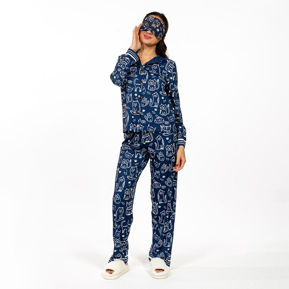 Pijama Feminino Manga Longa Americano Estampado Gatinho Peixe Pata Pijama Feminino Manga Longa Americano Estampado Gatinho Peixe Pata