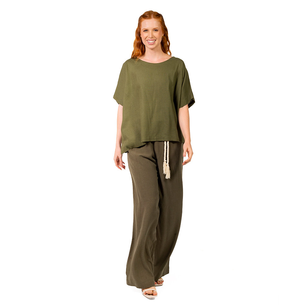 Calça Feminina Linho Ampla Ana Verde Musgo Calça Feminina Linho Ampla Ana Verde Musgo