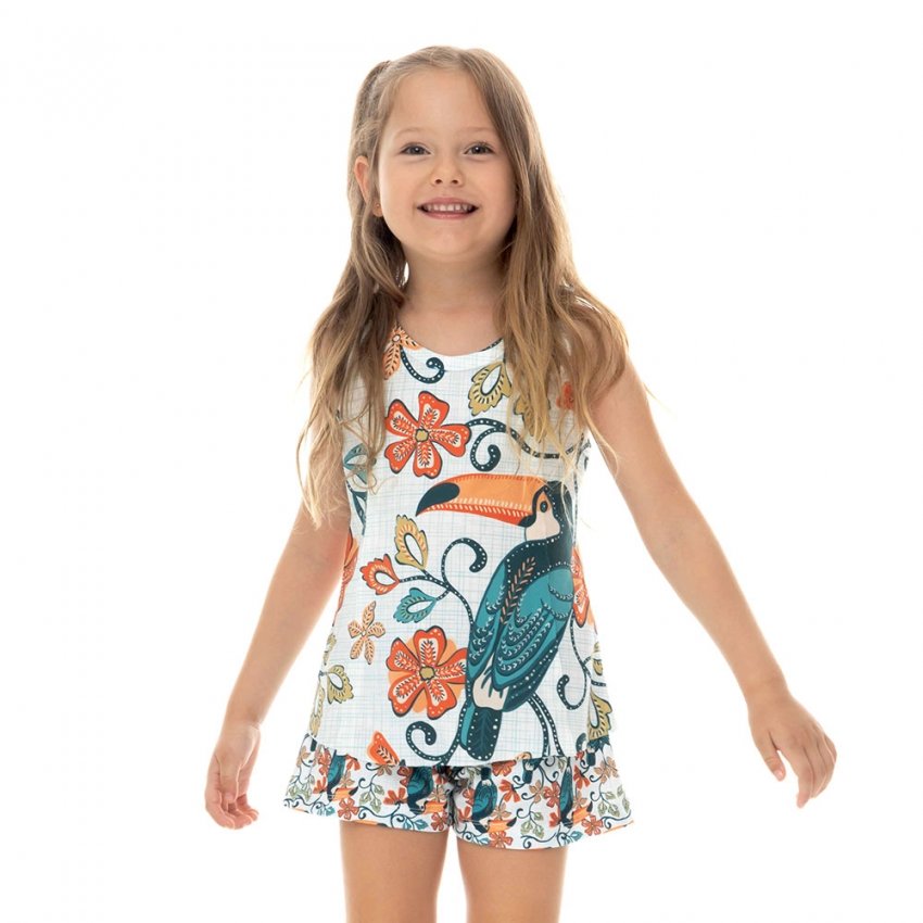 Pijama Feminino Infantil Estampado Tucano Desenho Fundo Tela Bnco Pijama Feminino Infantil Estampado Tucano Desenho Fundo Tela Bnco