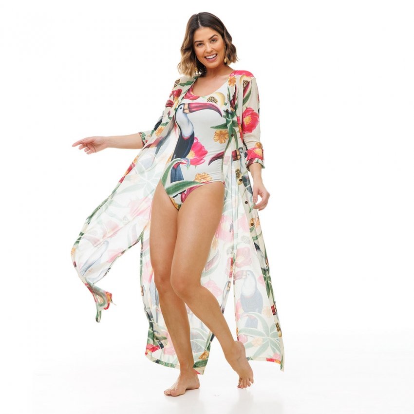 Saida Feminina de Praia Cancun Fdl Estampada Tucano Flores Pink Linho