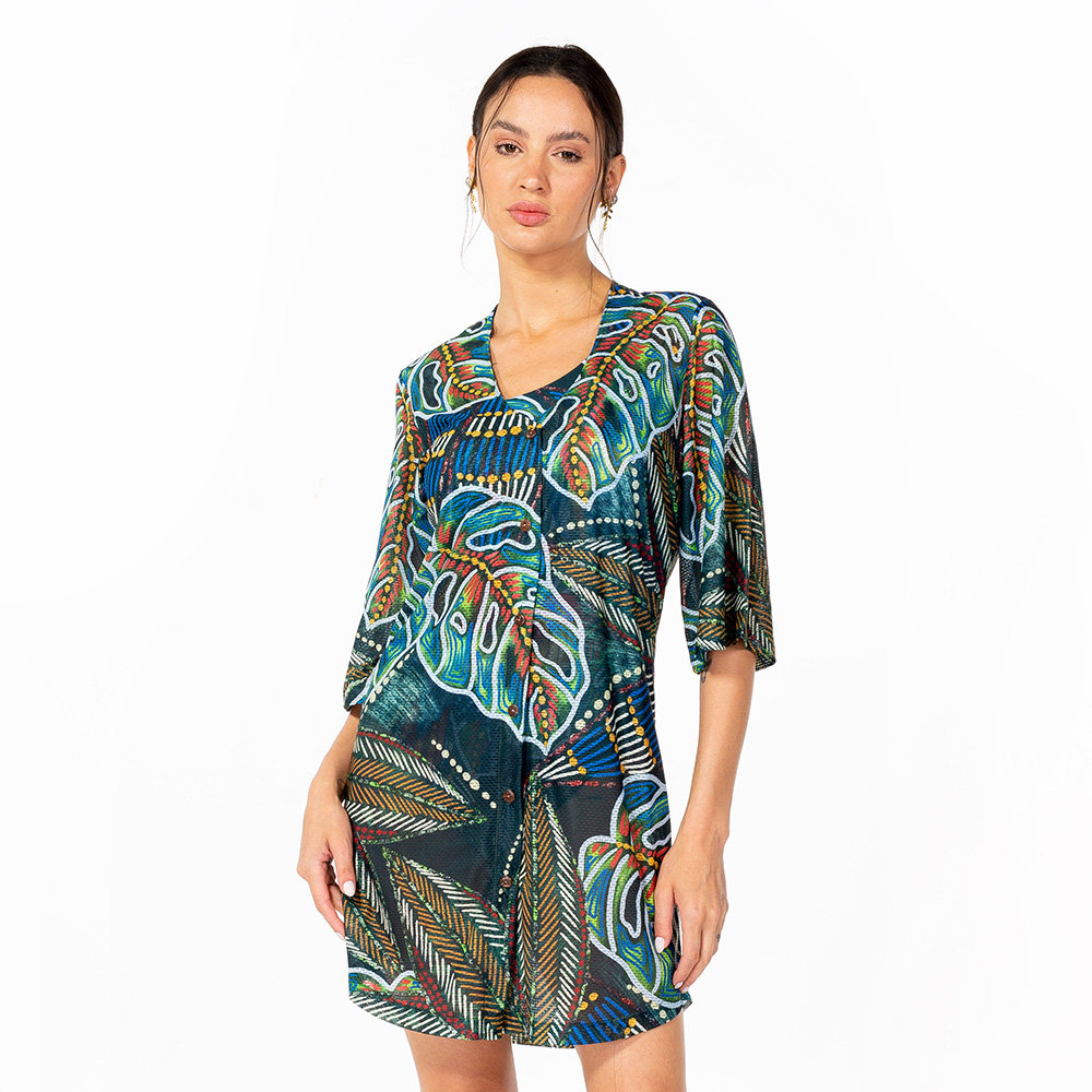 Saída de Praia Chemise Alongada Estampada Araras Folhagens Etnicas