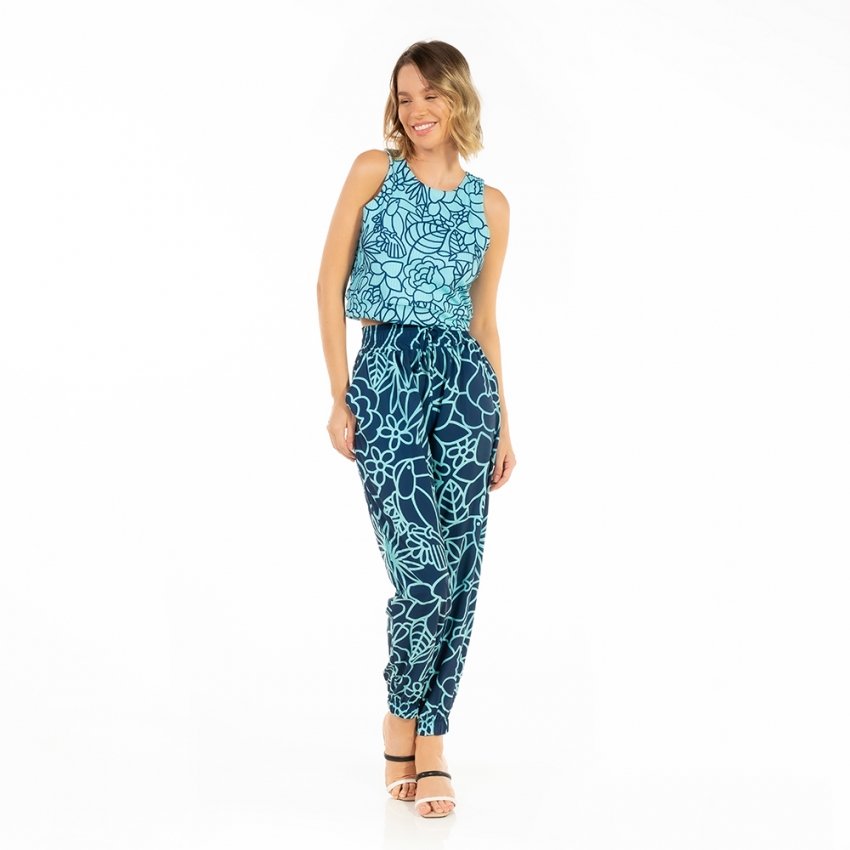 Top Feminino Canelado Estampado Tucano Flores Linhas Azul