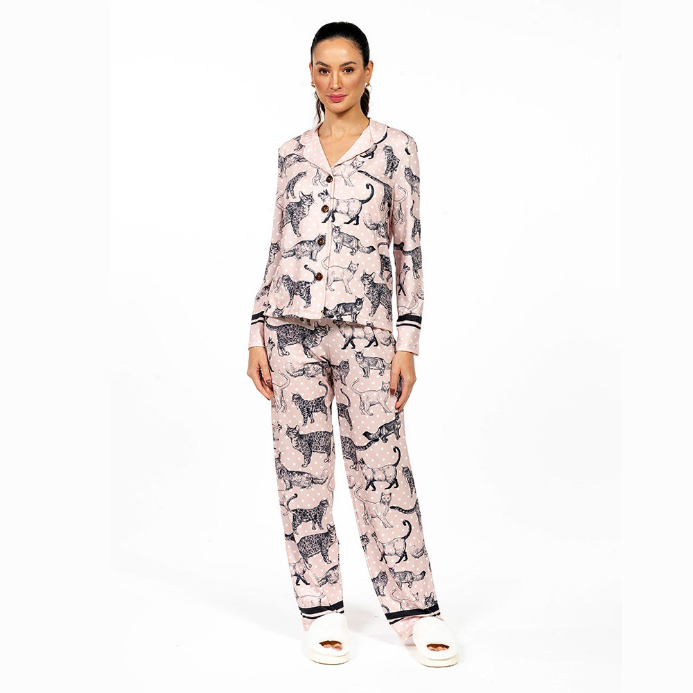 Pijama Feminino Manga Longa Americano Estampado Gato Traços Poá Pijama Feminino Manga Longa Americano Estampado Gato Traços Poá