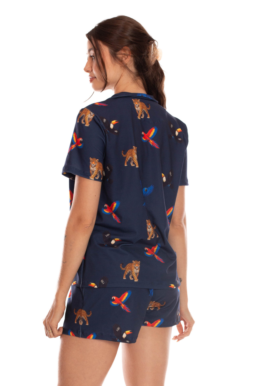 Pijama Feminino Manga Curta Americano Estampado Fauna Brasil Marinho Pijama Feminino Manga Curta Americano Estampado Fauna Brasil Marinho