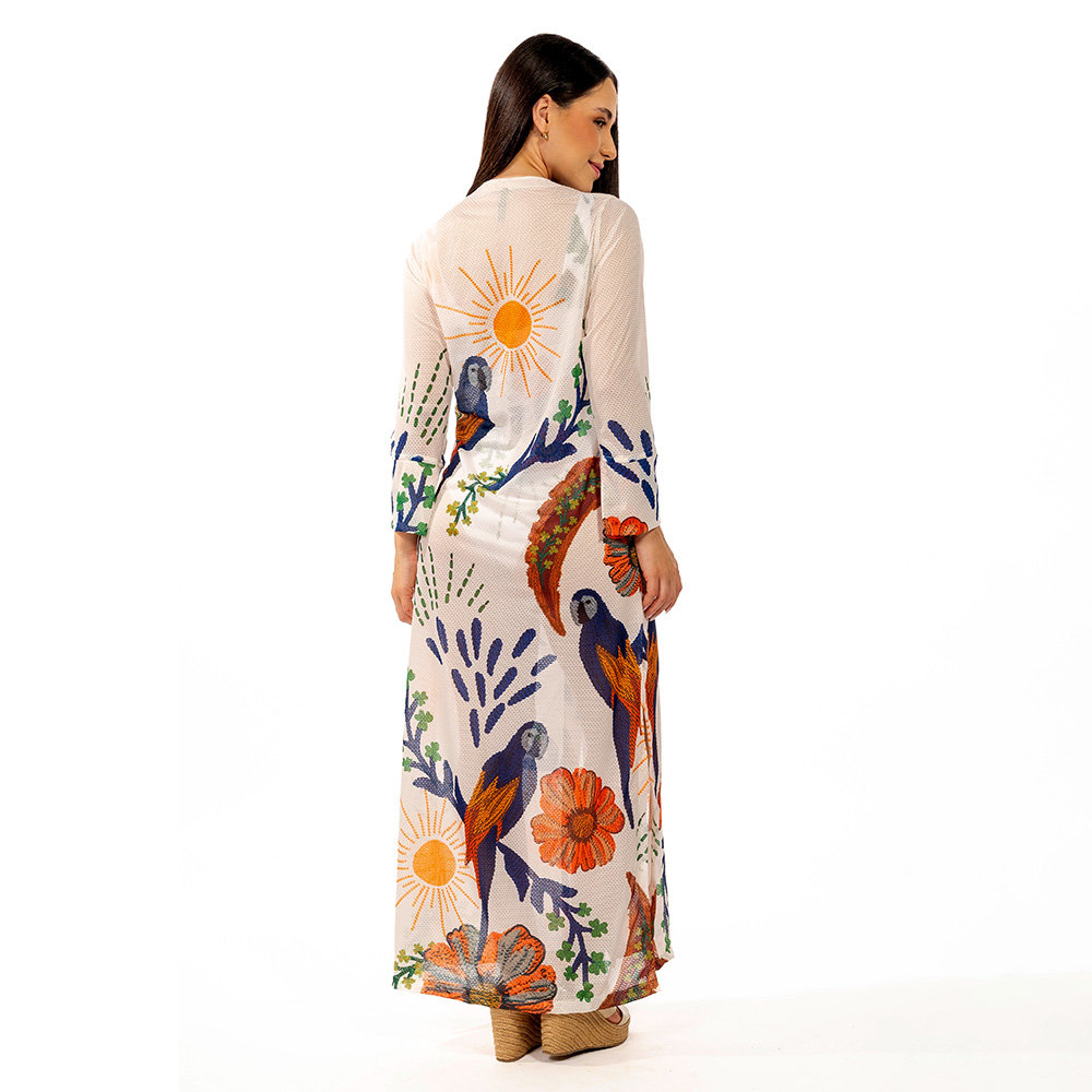 Saída de Praia Trancoso Estampada Arara Tropical Bordado