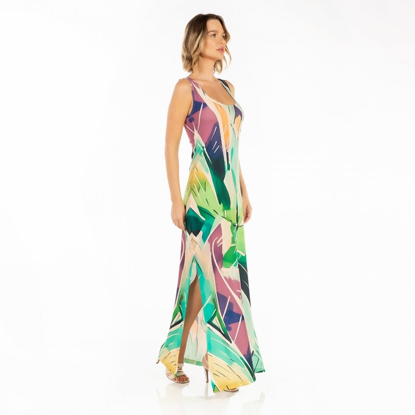 Vestido Feminino Hortência Estampado Folhagens Fundo Off