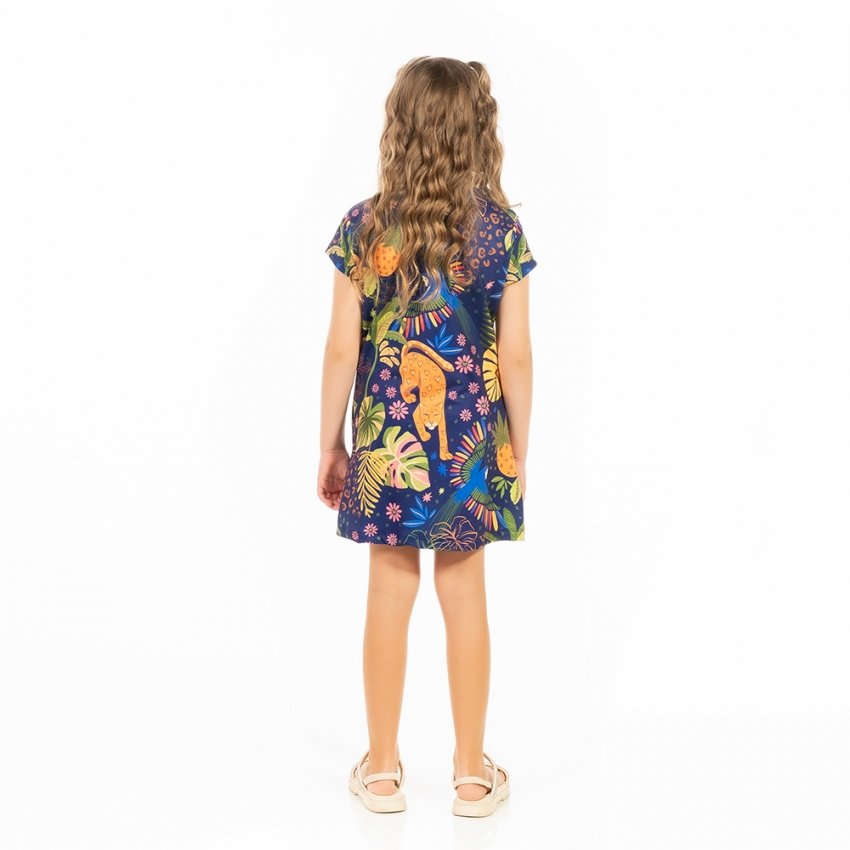 Vestido Infantil Floresta Infantil Onça Arara Candy Color Estampado Onça Arara Candy Color Estampado Onça Arara Candy Color