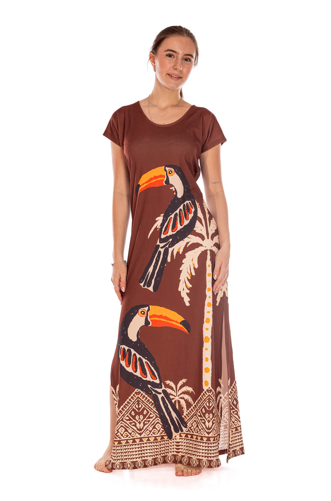 Vestido Feminino Jeri Longo New Estampado Tucano Desenhos Étnicos Vestido Feminino Jeri Longo New Estampado Tucano Desenhos Étnicos