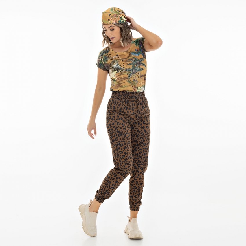 Calça Feminina Jogger Com Bolso Estampada Animal Print Caramelo Calça Feminina Jogger Com Bolso Estampada Animal Print Caramelo
