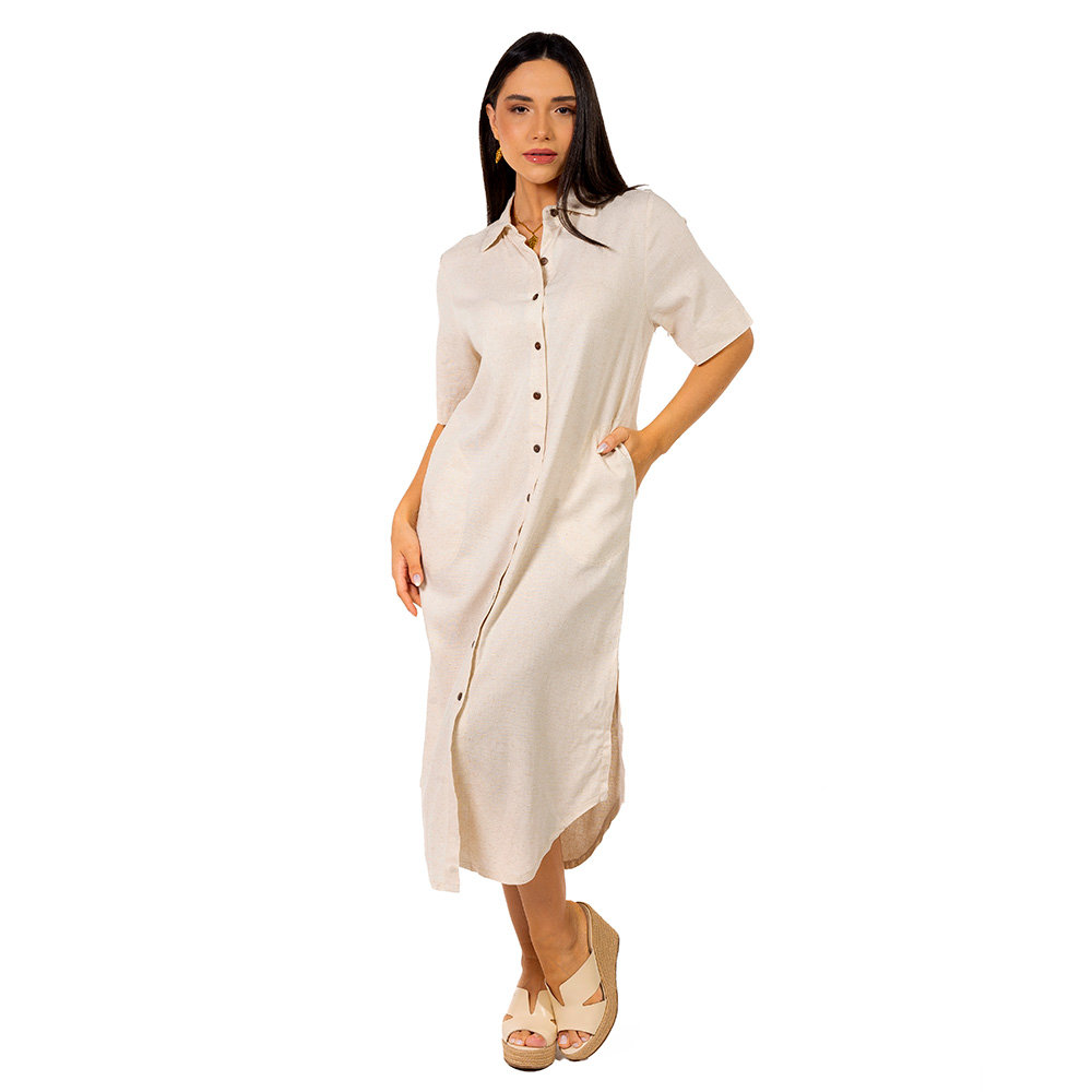 Vestido Feminino Linho Chemise Manga Curta Off White Vestido Feminino Linho Chemise Manga Curta Off White