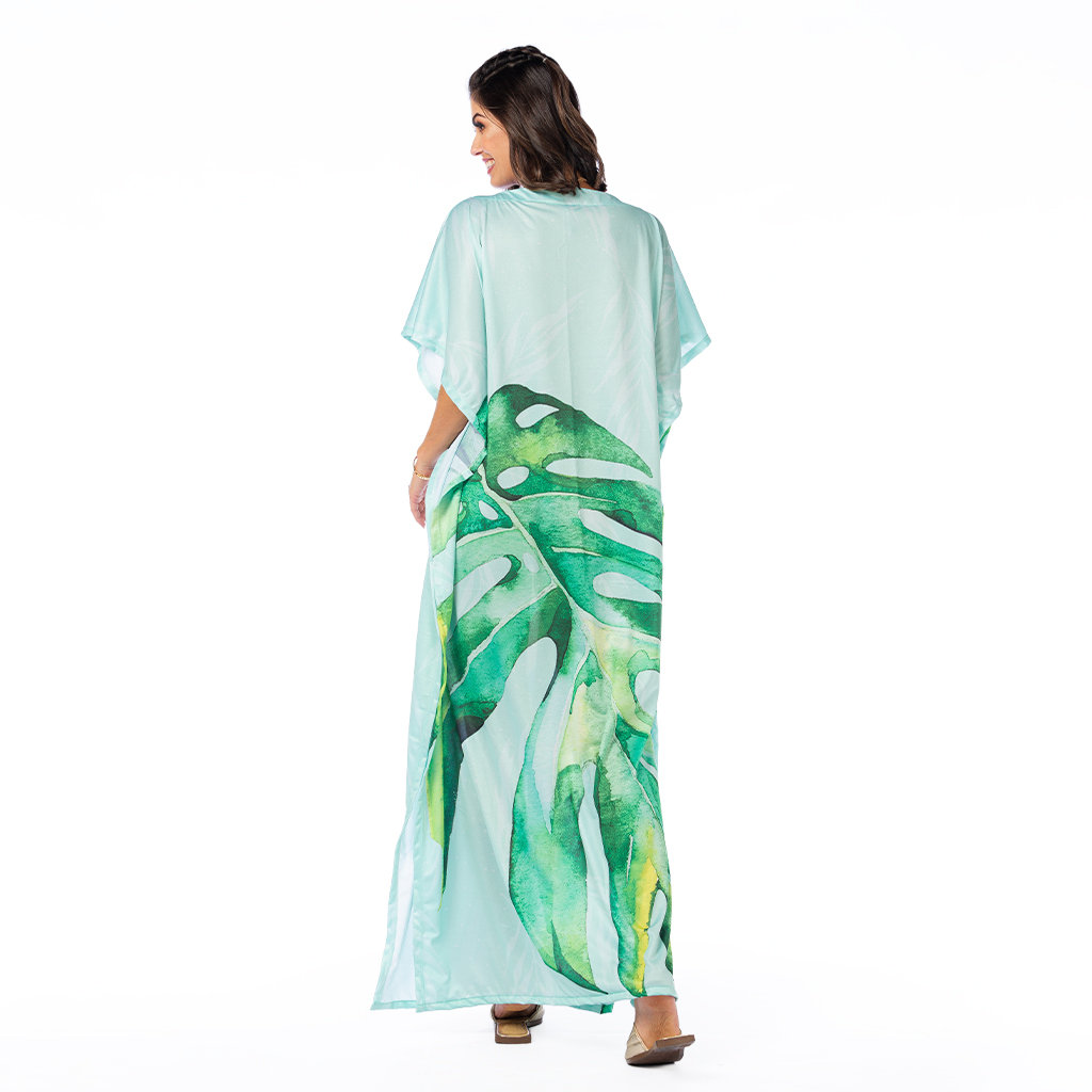 Vestido Feminino Kaftan Hibisco Estampado Arara Vermelha em Pintura Vestido Feminino Kaftan Hibisco Estampado Arara Vermelha em Pintura