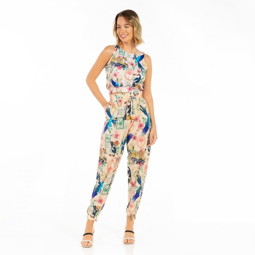 Calça Feminina Jogger Com Bolso Estampada Bichos Flores Verão Posta Calça Feminina Jogger Com Bolso Estampada Bichos Flores Verão Posta