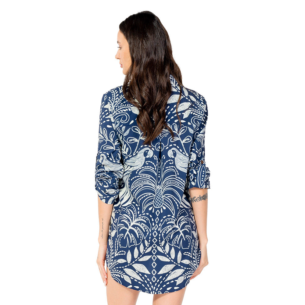 Camisa Atena Verão Alongada Estampada Araras Bordado Fundo Off Camisa Atena Verão Alongada Estampada Araras Bordado Fundo Off