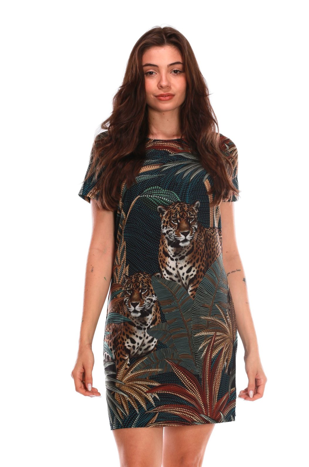 Vestido Feminino Atena Curto Estampado Onças Pontos de Luz Vestido Feminino Atena Curto Estampado Onças Pontos de Luz