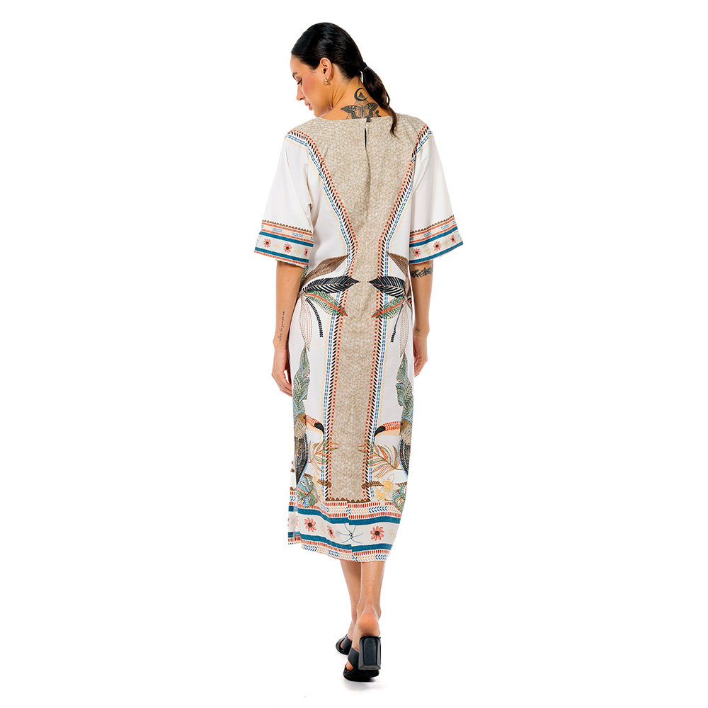 Vestido Feminino Kaftan Atena Estampado Tucaninhos Bordados