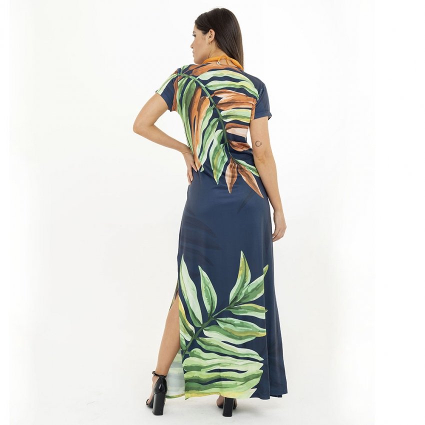 Vestido Feminino Jeri Longo New Estampado Folhas em Aquarela com Vestido Feminino Jeri Longo New Estampado Folhas em Aquarela com