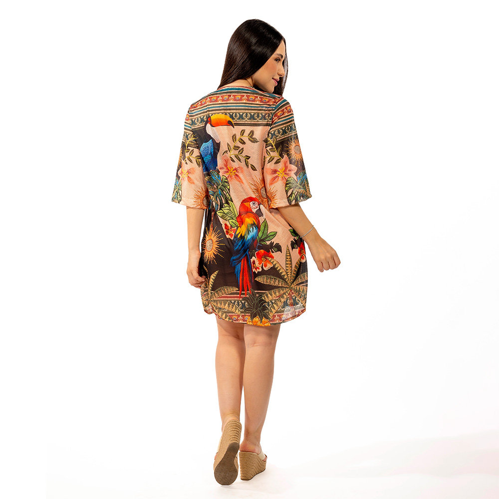 Saída de Praia Chemise Alongada Estampada Aves Tropicais Barrado Saída de Praia Chemise Alongada Estampada Aves Tropicais Barrado