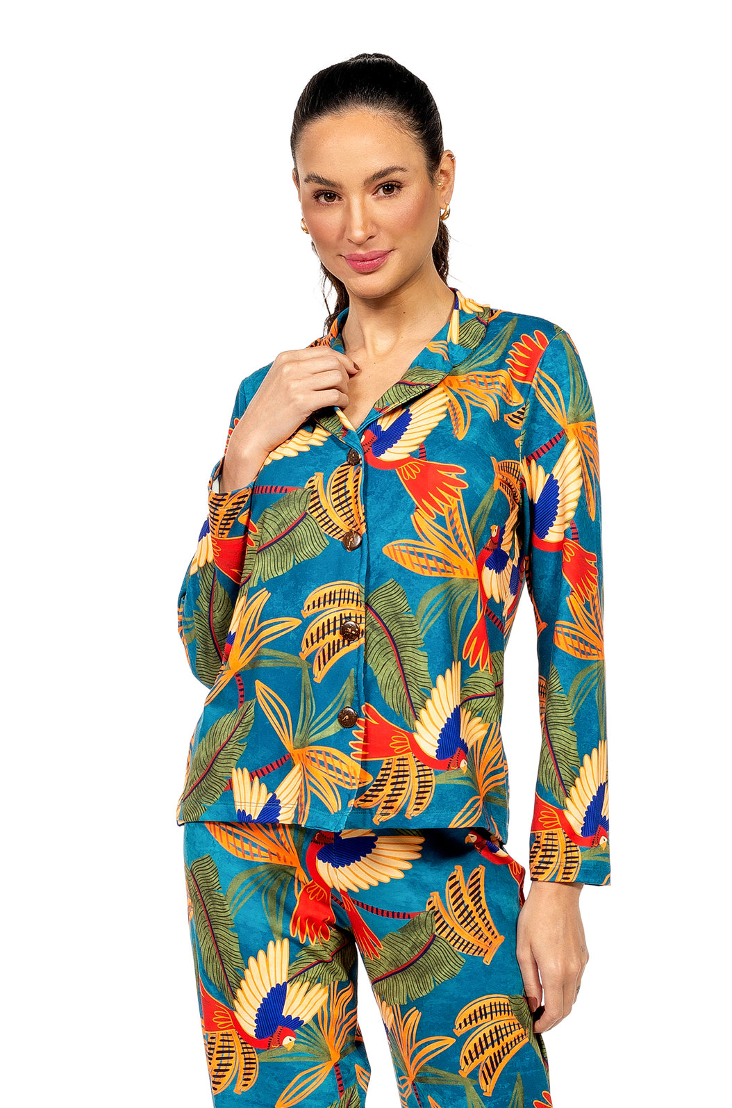 Pijama Feminino Manga Longa Americano Estampado Araras Bananas Pijama Feminino Manga Longa Americano Estampado Araras Bananas