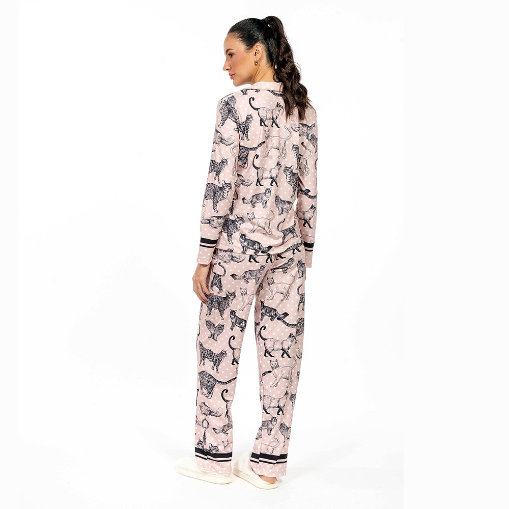 Pijama Feminino Manga Longa Americano Estampado Gato Traços Poá Pijama Feminino Manga Longa Americano Estampado Gato Traços Poá