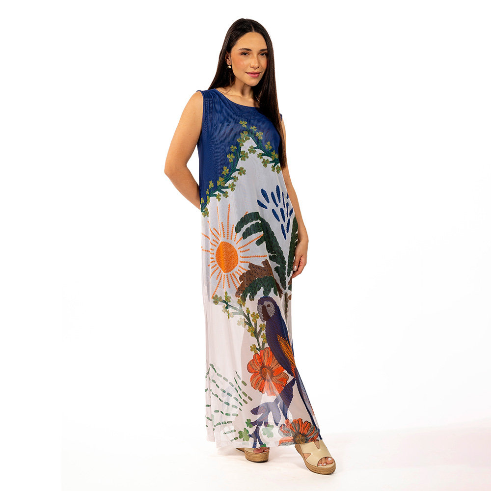 Vestido Feminino Tule Maré Estampado Arara Tropical Bordado