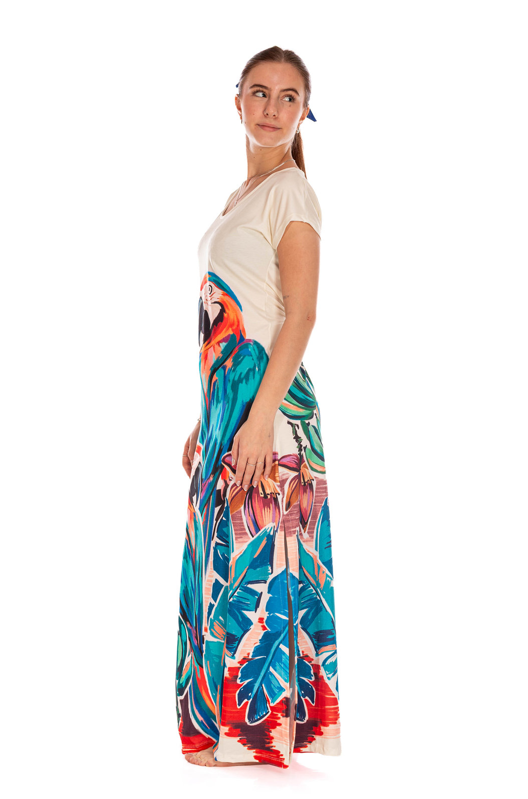 Vestido Feminino Jeri Longo New Estampado Canindé Bananas e Lírio Vestido Feminino Jeri Longo New Estampado Canindé Bananas e Lírio
