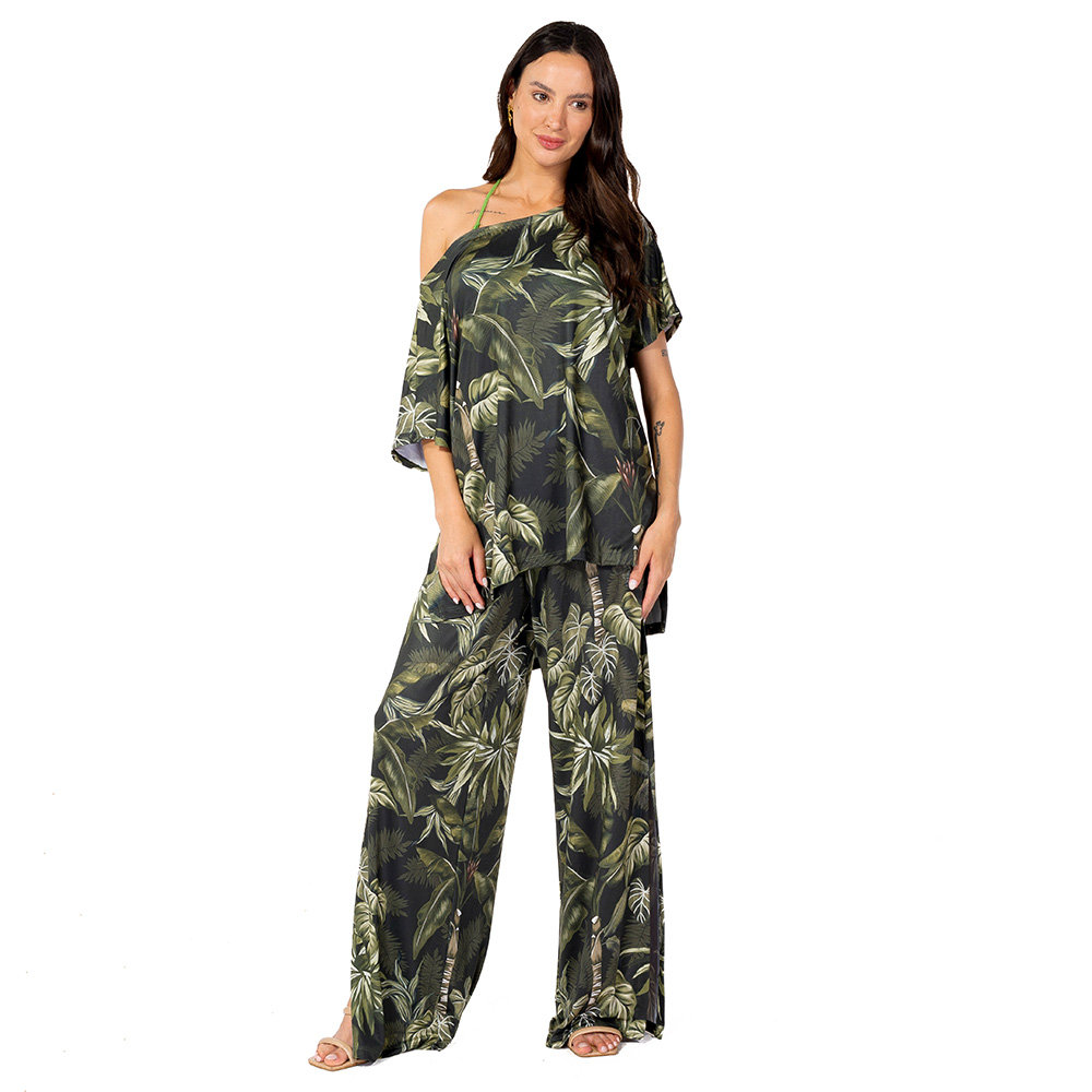 Calça Feminina Com Fenda New Estampada Folhagens Fundo Linho Off Calça Feminina Com Fenda New Estampada Folhagens Fundo Linho Off
