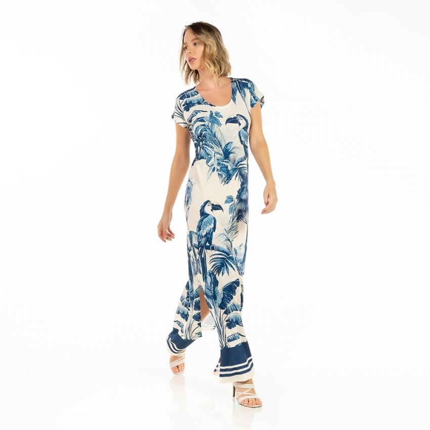 Vestido Feminino Jeri Longo New Estampado Tucano Paisagem Tons de Azul Vestido Feminino Jeri Longo New Estampado Tucano Paisagem Tons de Azul