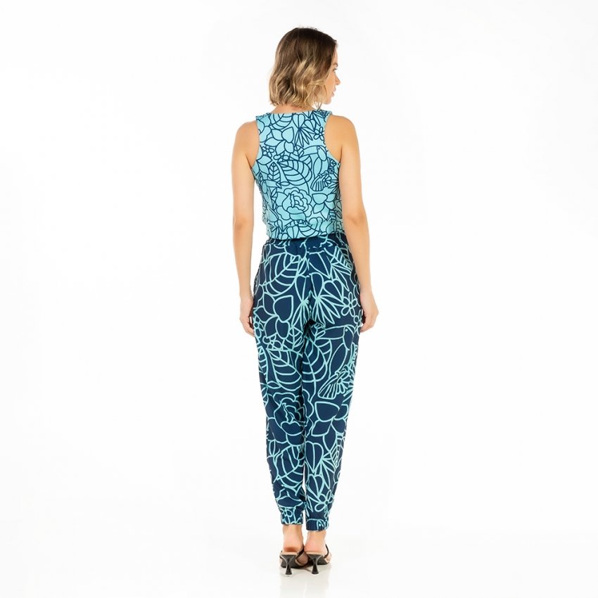 Calça Feminina Jogger Com Bolso Estampada Tucano Flores Linhas Azul Calça Feminina Jogger Com Bolso Estampada Tucano Flores Linhas Azul