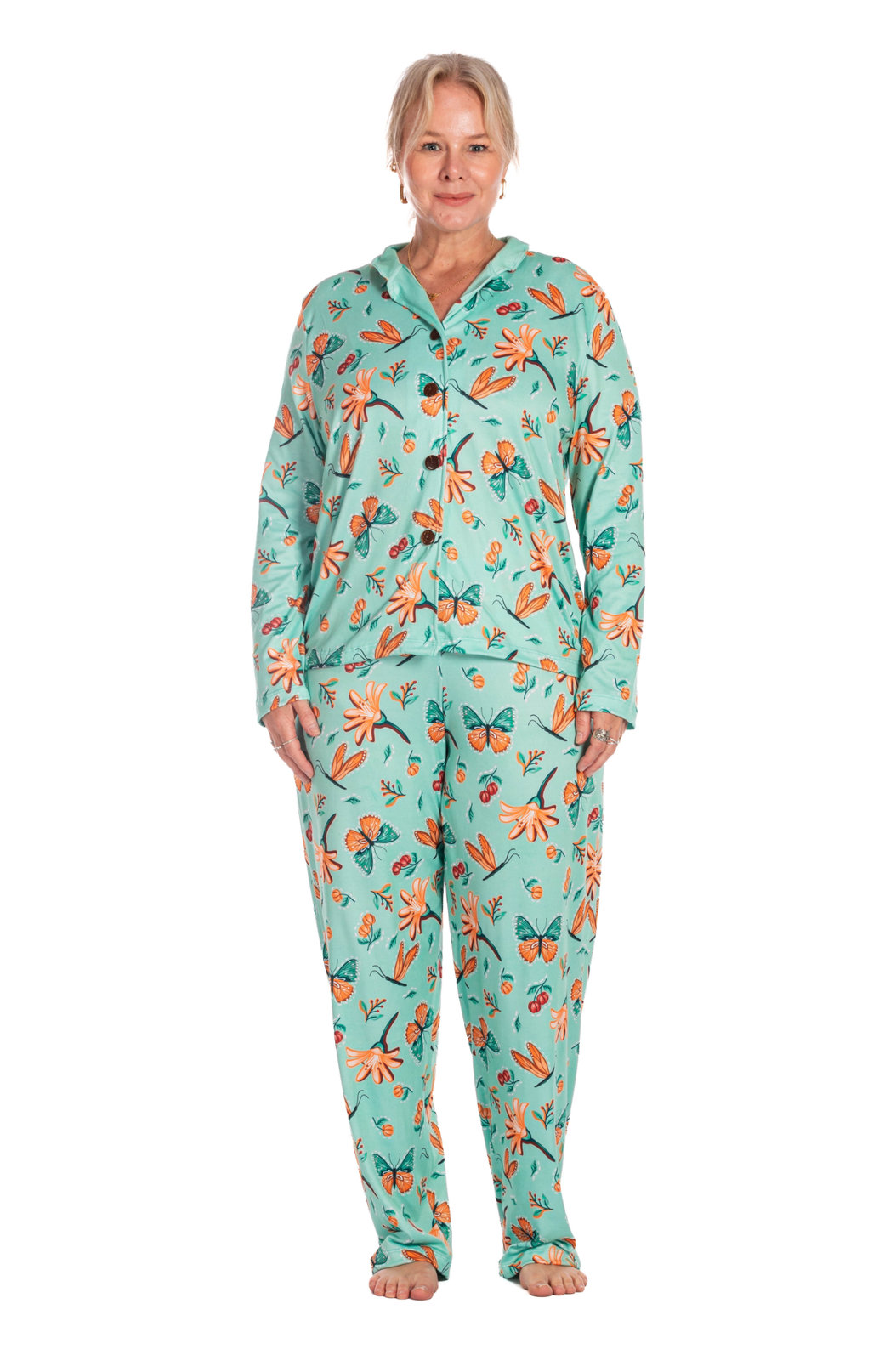 Pijama Feminino Manga Longa Americano Estampado Borboletas e Pitangas