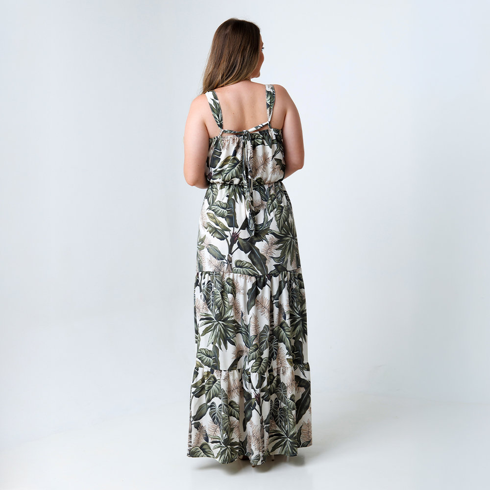 Vestido Feminino Aurora Estampado Folhagens Fundo Linho Off