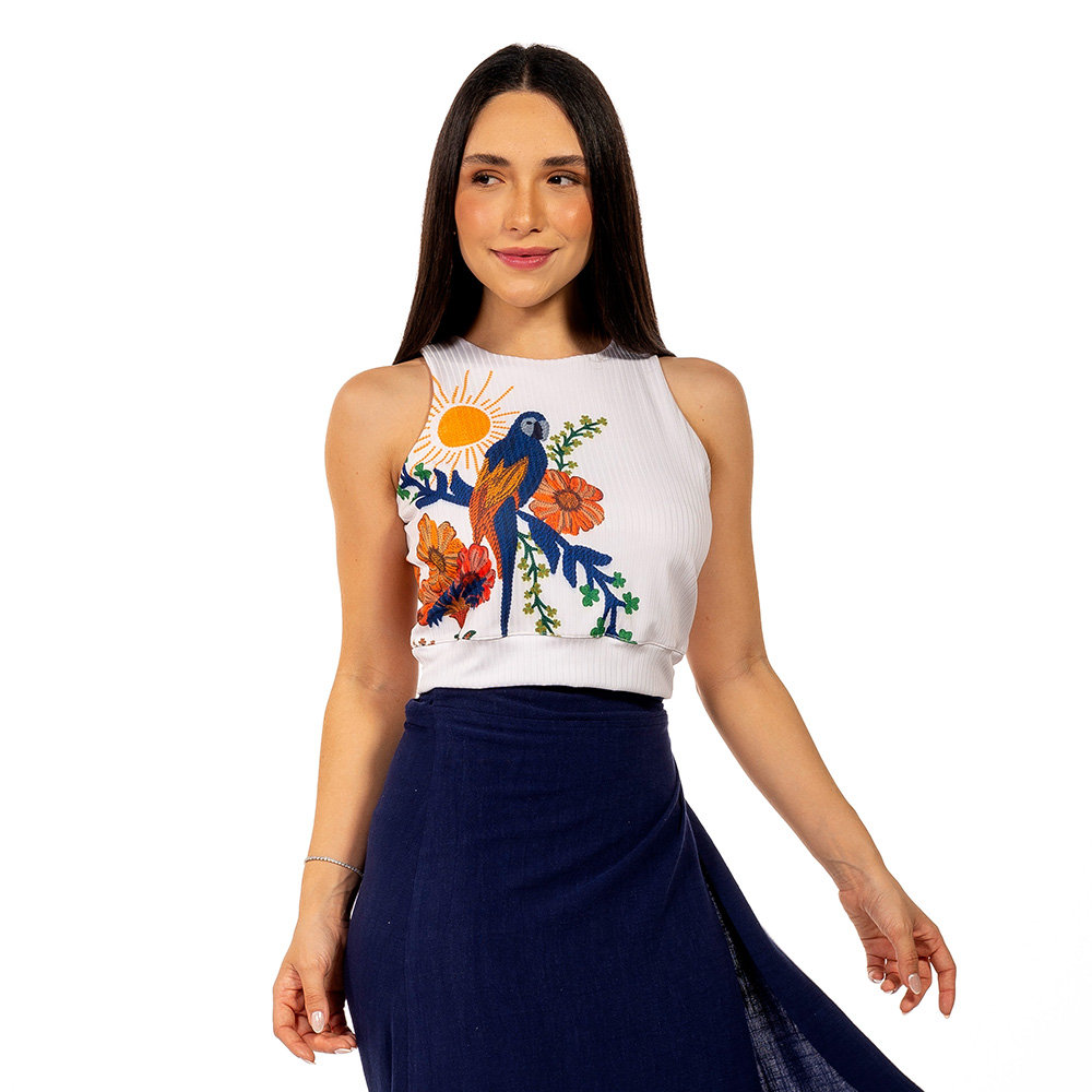Top Feminino Canelado Estampado Arara Tropical Bordado