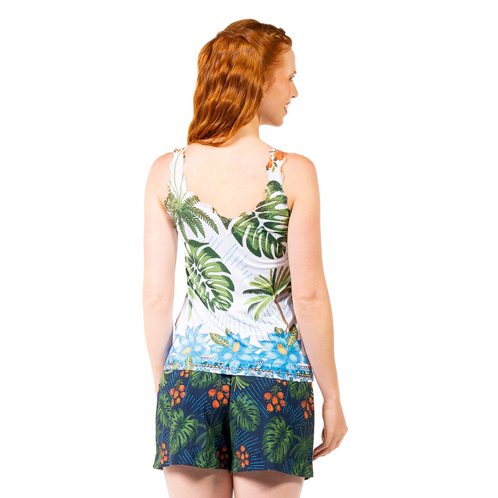 Shorts Atena Resort Estampado Arara Bordado Barra Fundo Azul