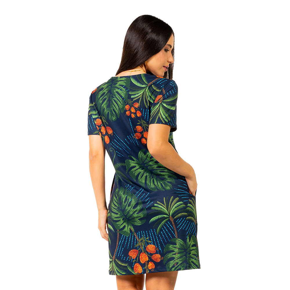 Vestido Feminino Floresta Estampado Arara Bordado Barra Fundo Azul
