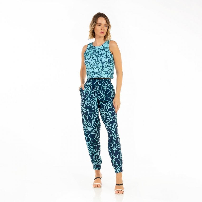 Top Feminino Canelado Estampado Tucano Flores Linhas Azul