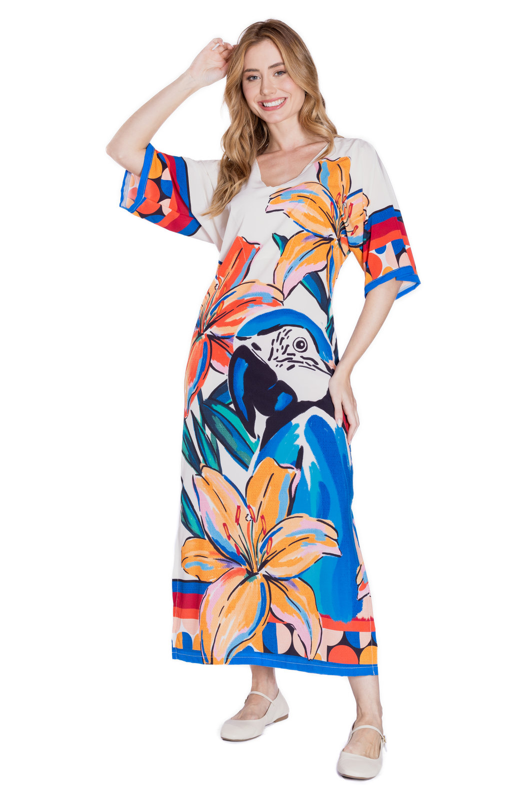 Vestido Feminino Kaftan Atena Estampado Canindé Bananas e Lírio Vestido Feminino Kaftan Atena Estampado Canindé Bananas e Lírio