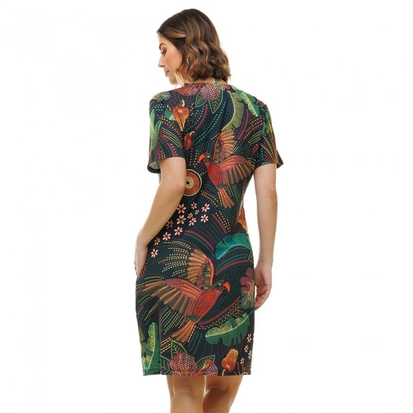 Vestido Feminino Floresta Estampado Bordados Araras Fundo Preto